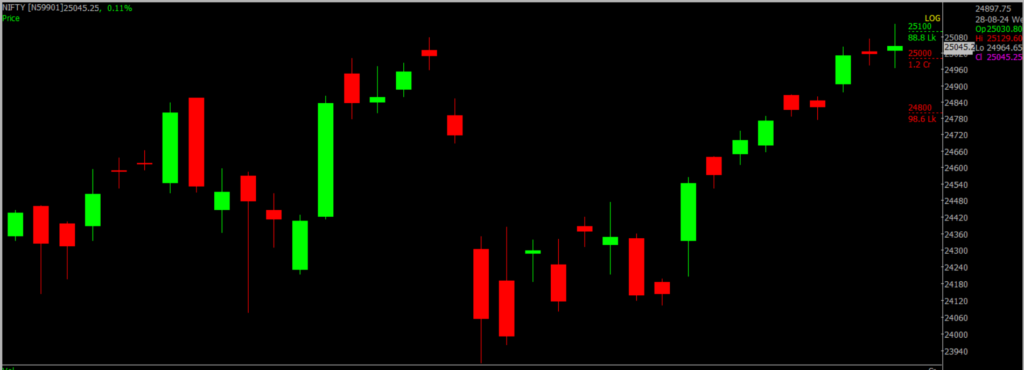 The image shows the Nifty stock market chart on a daily timeframe, which will be used to forecast the market for August 29, 2024.