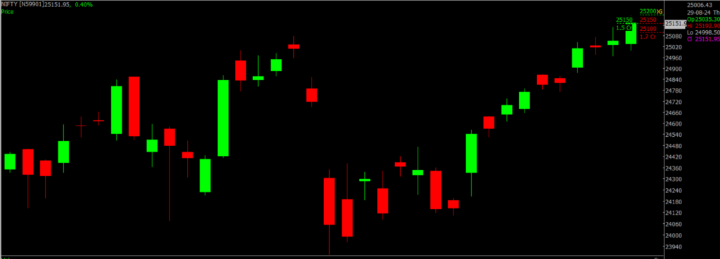 The image shows the Nifty stock market chart on a daily timeframe, which will be used to forecast the market for August 30, 2024.