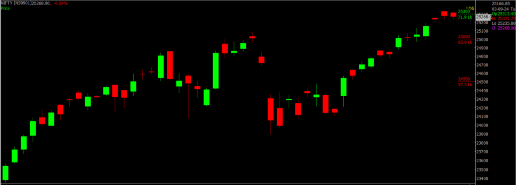 The image shows the Nifty stock market chart on a daily timeframe, which will be used to forecast the market for Sept 04, 2024.
